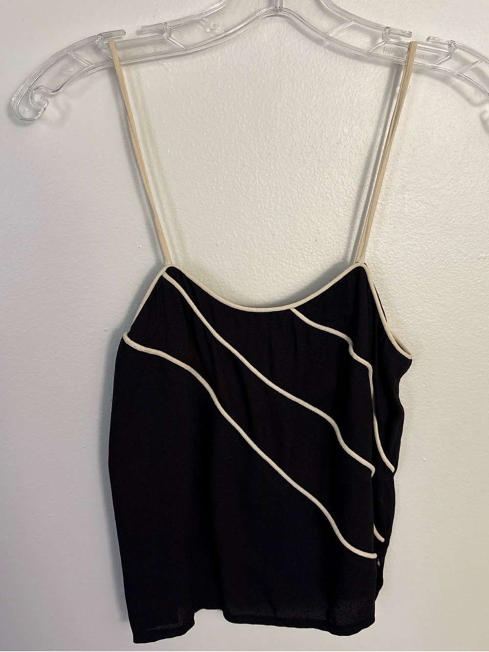 VTG 70s Black Spaghetti Strap Linen Cami Top with Cream Piping